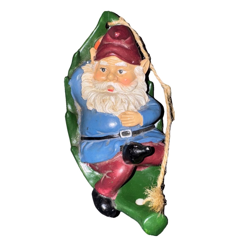 Hanging Swinging Garden Gnome in‎ Hammock  Outdoor Figurine 8" Decor Plaster